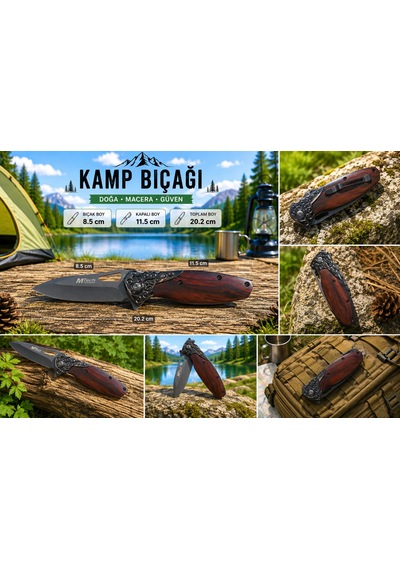 M Tech Kamp Bıcağı Çakı Şık Tasarım Ahşap Saplı Antrasit