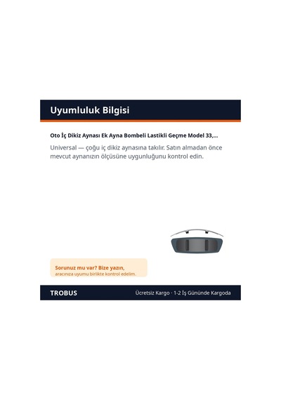 Trobus Oto İç Dikiz Aynası Ek Ayna Bombeli Lastikli Geçme Model 33,5x9 Cm