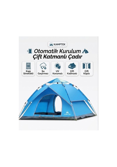 Kamptek 4 Kişilik Otomatik Kurulum Kamp Doğa Deprem Çadırı - 200x200x140 Cm - Mavi Premium Mavi