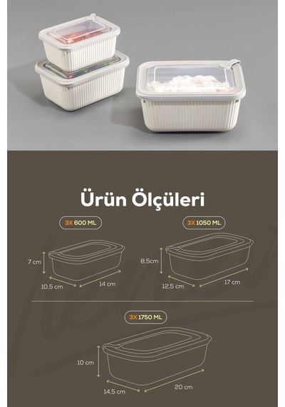 Vienev 9'lu Vip Dikdörtgen Mikrodalga Ve Difrize Uygun Saklama Kabı Seti Bej 3x 1750,1050,600 Ml Bej