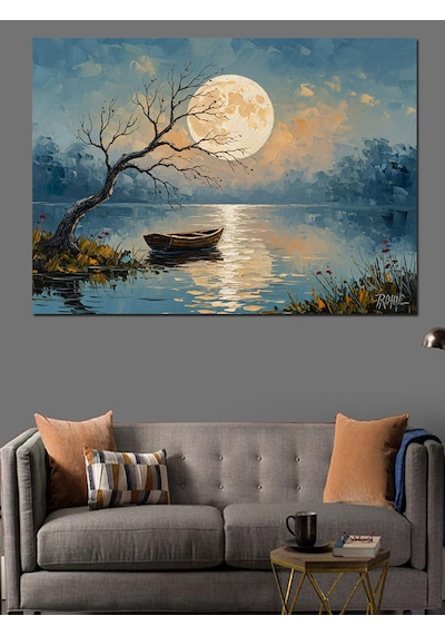 Ahşap Tablo Gece Göl Kenarında Yalnız Sandal