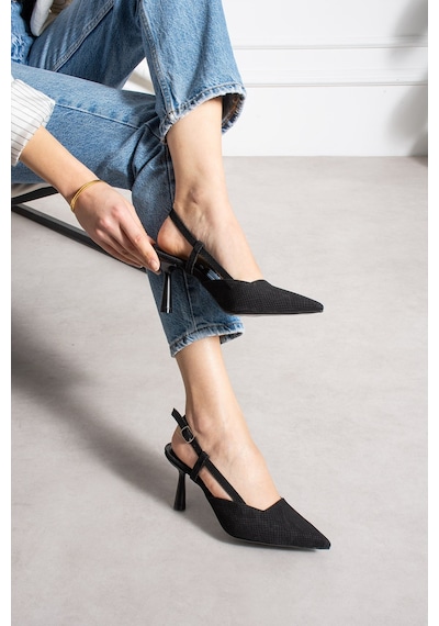 Dabab Shoes Snape Kadın Siyah Yılan Desenli Sivri Burun 7 Cm Topuklu Slingback Ayakkabı