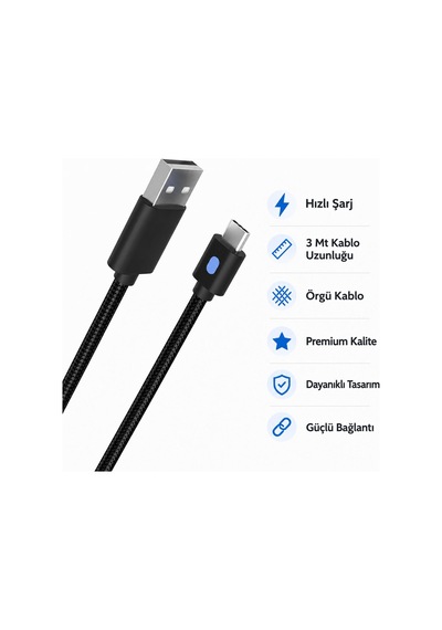 Xbox Series Şarj Kablosu 3 Metre Led Göstergeli Type-c Örgü Kablo