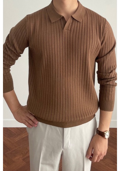Erkek Kahverengi Slim Fit Uzun Kollu Polo Yaka Triko Kazak Kahverengi