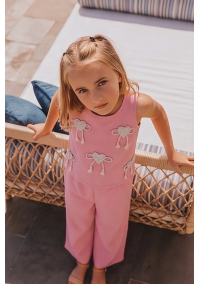 Fesshera Kids Kız Çocuk Takım Kalpli Fiyonk Desenli Üst Ve Beli Lastikli Pantolon Alt Ve Üst Pembe