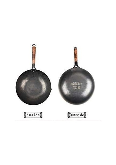 Ahşap Kapaklı 32cm El Yapımı Demir Wok Geleneksel Çin Yuvarlak Alt Tava Diğer