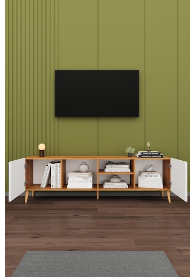 Asra Trend Tv Ünitesi T-11 %100 MDF 180 cm Tv Sehpası Dolaplı Raflı Beyaz-Petra