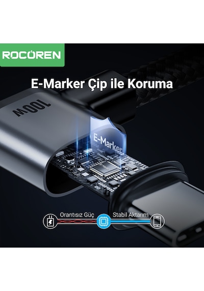 Rocoren 100w Type-c To Type-c 90 Örgülü Pd Hızlı Şarj Ve Data Kablosu 1 Metre