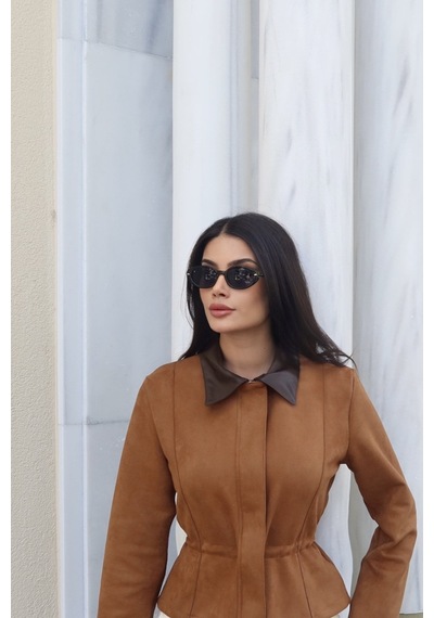 Kechi Woman Süet Kumaş Deri Yaka Ceket Taba