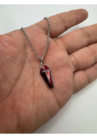 Kırmızı Gotik Haçlı Tabut Unisex Kolye Düz Ezme Zincirli Antik Tasarım Çok renkli