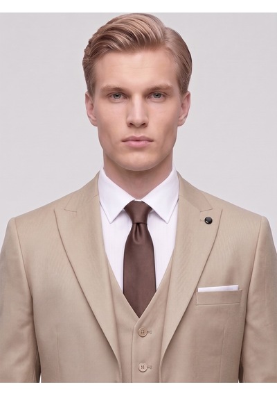 Tk6896 Erkek 3 Parça Slim Fit Çift Yırtmaçlı Takım Elbise Yelekli Şık Klasik Takım 6 Drop Camel