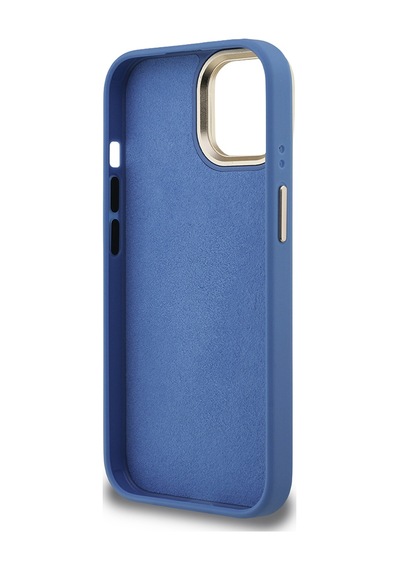 Apple iPhone 15 Uyumlu Kılıf Guess Lisanslı Metal 4g Ve Yazı Logolu Kamera Standlı Kapak Mavi