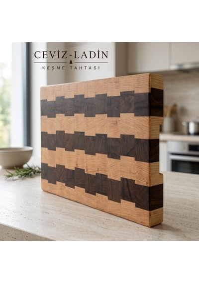 Nfzz Ceviz Ladin End Grain Kesme Tahtası 41x26x4 Cm Masif Ahşap Kasap Bloku Kahverengi - Krem