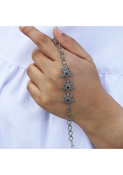Beş Yaprak Model Gümüş Ve Oltu Taşı Bileklik