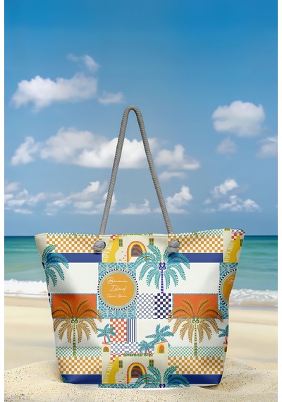 Miami Beach Tropikal Patchwork Desenli Geniş Hacimli Astarlı Kadın Plaj Çantası Renkli