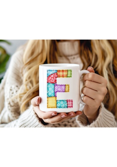 E Harfi Renkli Yamalı Tasarım Kupa Bardak - Bohem Patchwork Desenli Kupa - Etnik Hediyelik Beyaz