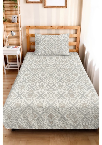 Gri Etnik Geometrik Tek Kişilik Pike Takımı - Bej Bohem Kapitone Mevsimlik Yatak Örtüsü 160x220 Cm Melez Halı Aurası