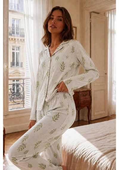 Kadın Relax Fit Düğme Çağla Yeşili Pijama Takımı