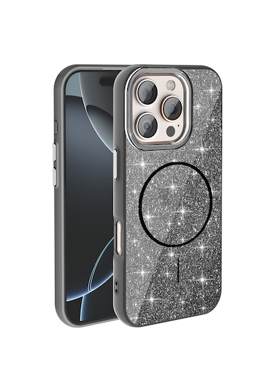 Zore İphone 16 Pro Max Kılıf Magsafe Şarj Özellikli Parlayan Simli Ogaa Okso Kapak - Siyah