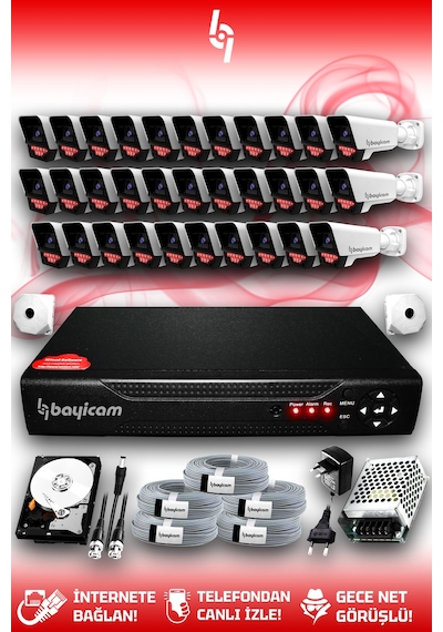 Bayicam 32 Kameralı Süper 32 Dış Kamera Set 500 GB 5 MP 2K Net Gece Görüşlü Güvenlik Kamerası Sistemi