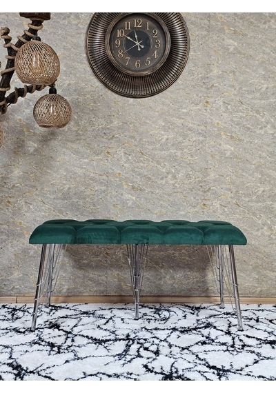Zafir Metal Krom Tel Ayaklı 100 Cm Puf Bench - Puf - Bench - Oturak - Mutfak Oturağı - Antre Oturağı Yeşil