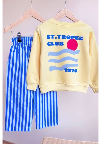 Çocuk Baskılı Sweatshirt Ve Çizgili Eşofman Takım Sarı