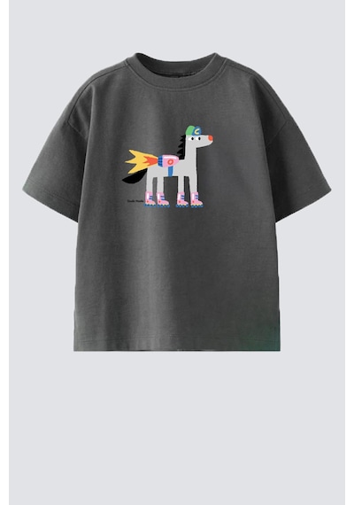 Monila Unisex Çocuk Pamuklu Bisiklet Yaka Baskılı T-shirt Füme