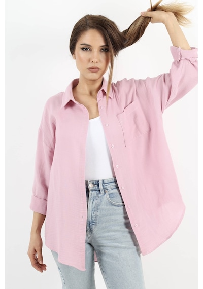 Ritnice Kadın Yumuşak Müslin Kumaş Uzun Pudra Oversize Gömlek Pudra
