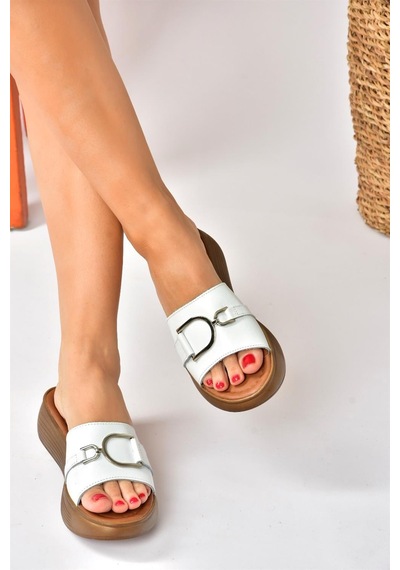 Fox Shoes Beyaz Hakiki Deri Yüksek Tabanlı Günlük Kadın Terlik P291049403