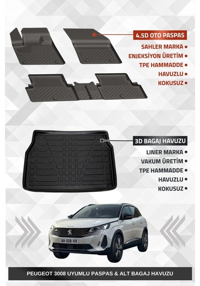 Sahler Peugeot 3008 2016-2024 Uyumlu 4.5d Premium Havuzlu Oto Paspas Ve Liner Marka 3d Alt Bagaj Hav