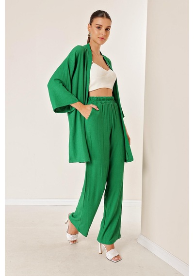 By Saygı Bürümcük Pantolonu Cepli Kimono Takım-34051 Yeşil