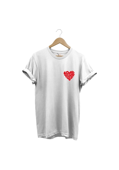 Love Yourself Kalp Tipografi Baskılı %100 Pamuk Unisex Regular Fit T-shirt Beyaz