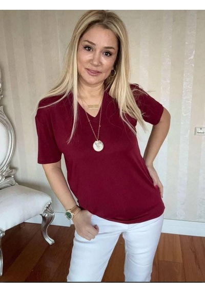 Kadın Kısa Kollu V Yaka Bluz Bordo