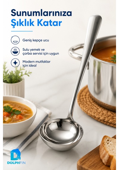 23 Cm Paslanmaz Çelik Orta Boy Çorba Kepçesi Sulu Yemek Servis Kepçesi Gümüş