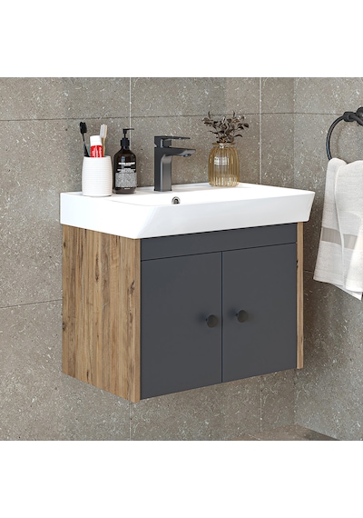 Ada Lavabolu Mat Suntalam Banyo Alt Dolabı 60 Cm Atlantik Çam - Antrasit