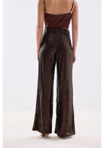 Sateen Kemerli Payet Pantolon - Kahve-136685 Kahve