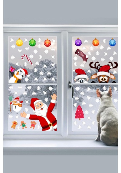 Yılbaşı Sticker Noel Baba Geyik Penguen ve Kar Taneleri Cam Duvar Süsü