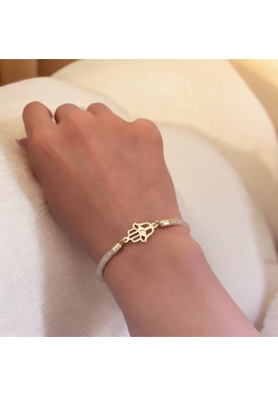 J Harfine Özel Hasır Kordonlu Hamsa Motifli 14 Ayar Altın Plakalı Hediye Bileklik-499harf J