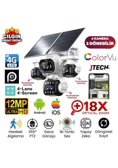 Inox X34 5lensx2mp 10mp 4g 18x Optik Zoom Esim Kartlı 2xsolar Panelli 4 Kameralı 3 Ptz Akıllı Kamera