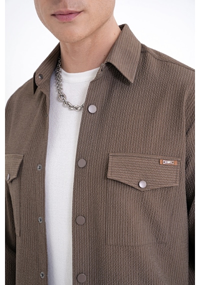 Comfort Fit Yan Cepli Esnek İnce Çizgili Camel Gömlek Ceket G 1608