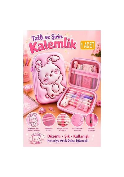 Pembe Kabartmalı Bölmeli Kalemlik 1 Adet P-5984 Kız Çocuk Okul Kalem Kutusu 3 Boyutlu Fermuarlı Hediyelik Turuncu