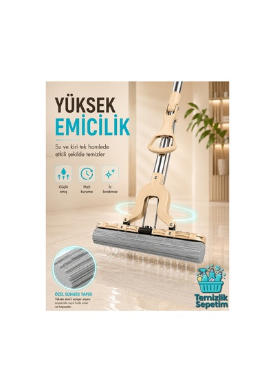 Kelebek Mop Süngerli Paspas Seti, Kendinden Sıkmalı Teleskobik Saplı Yer Temizlik Mopu +2 Yedekli Yüksek Emicili Sünger