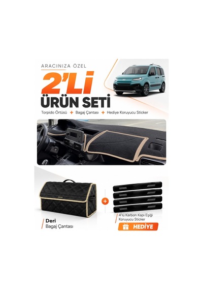 Fiat Doblo 2023-2026 Uyumlu Torpido Örtüsü + Deri Bagaj Çantası + Sticker Seti - Siyah Bej
