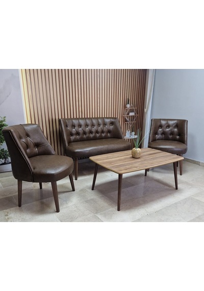Azra Mobilya Deri Çay Seti Koltuk Takımı + Sehpa - Oturma Grubu - Cafe Mobilya - Ofis Mobilya - Balkon Mobilya Acı Kahve