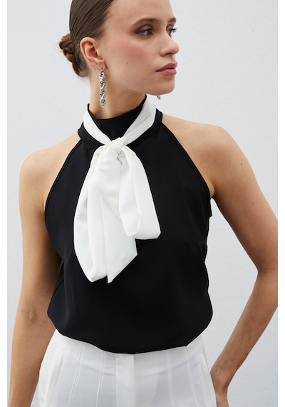 Sateen Kontrast Fularlı Kolsuz Bluz - Siyah