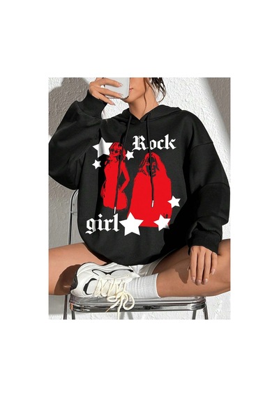 Tarzsokak Coke Serisi Figure & Letter Graphic Drop Shoulder Drawstring Hoodie Siyah
