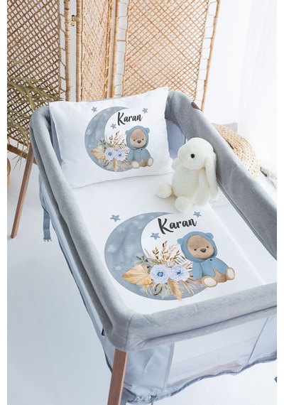 %100 Delux Pamuk Saten İsme Özel İsimli 70x120 Park Yatak Nevresim Seti Ayıcık