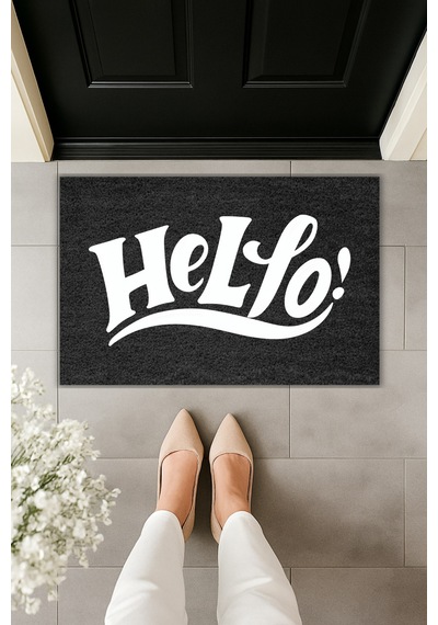 Rugmood Modern Dijital Baskı Paspas - Hello Yazılı - Kapı Önü Paspası 70x45cm Siyah