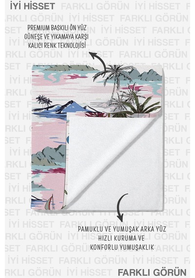 Tropikal Palmiye Deniz Manzaralı Plaj Havlusu - Pastel Akdeniz Marine Havuz Mikrofiber Havlu Bulut Zeytin