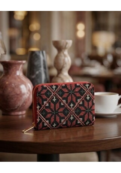 Zaytoon Filistin Geleneksel Renkli Kırmızı Nakışlı Tek Fermuarlı Kadın Büyük Cüzdeni 14x9 Cm A100030 Kırmızı